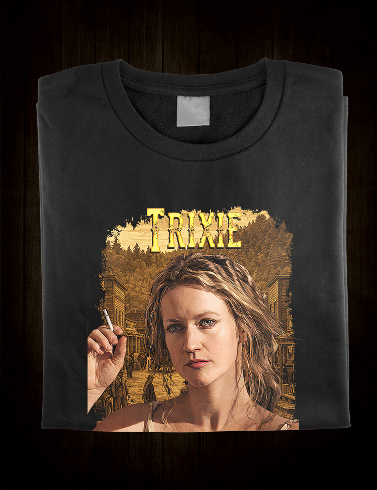 Paula Malcomson Deadwood character graphic with Black Hills saloon backdrop