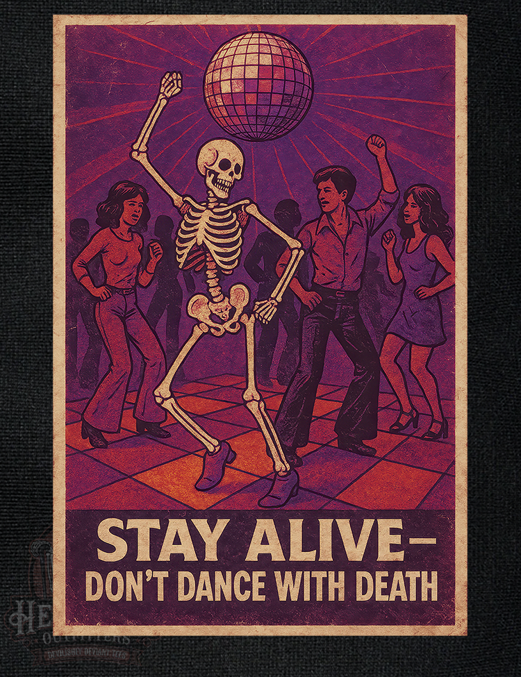Vintage PSA style disco floor skeleton warning graphic tee