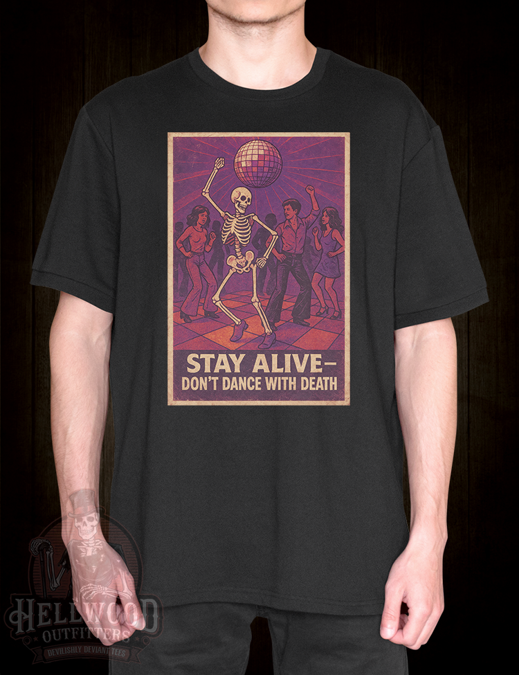 Retro 70s disco skeleton dancing under mirror ball shirt