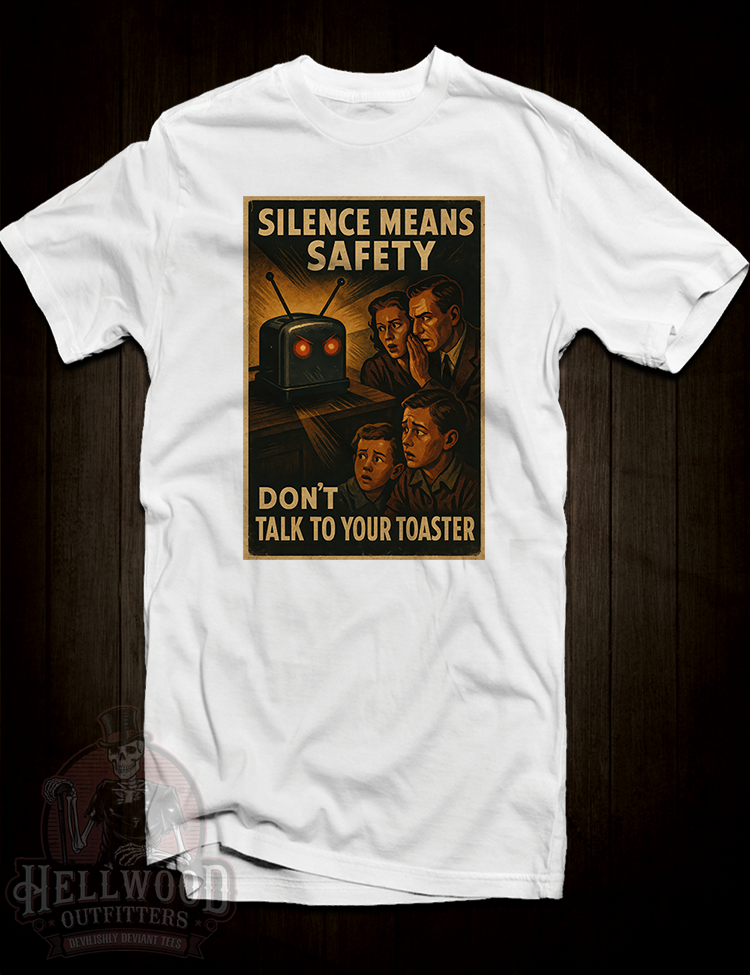 Surreal Cold War era toaster warning art on graphic tee