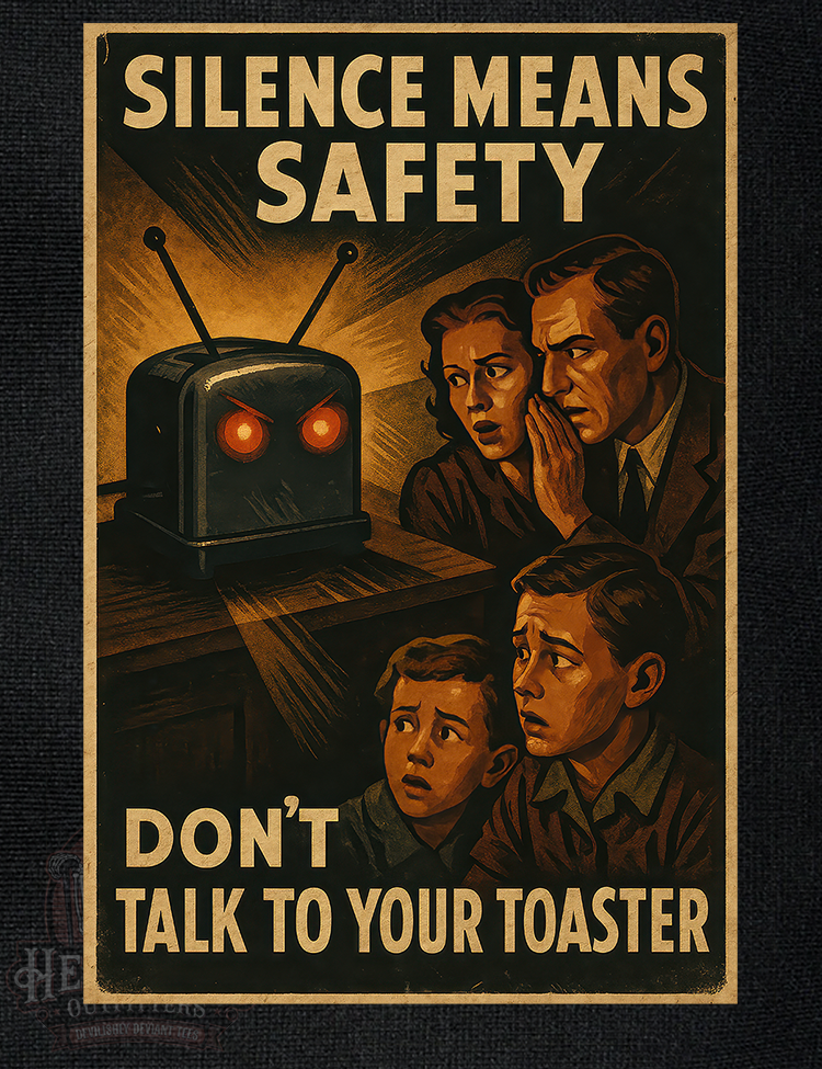 Cold War paranoia parody t-shirt with sinister toaster design