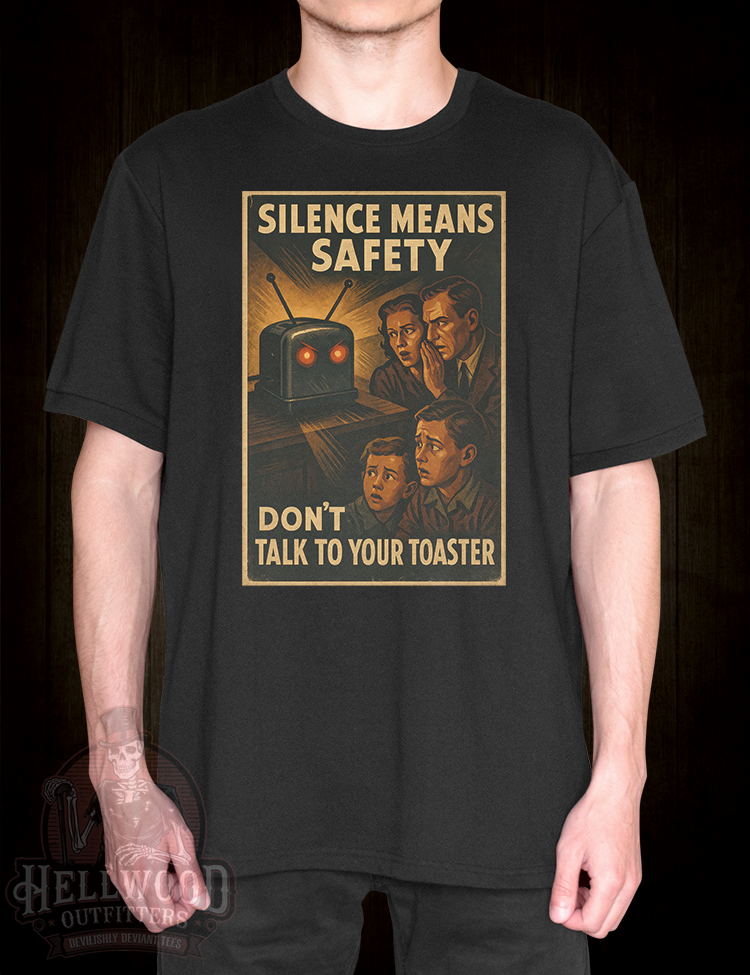 Retro propaganda humour t-shirt toaster with glowing red eyes