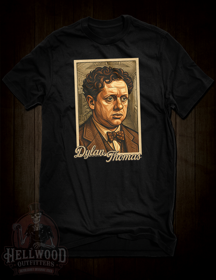 Dylan Thomas portrait t-shirt design on black tee