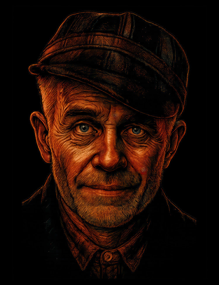 Portrait of Ed Gein inspired true crime graphic T-shirt