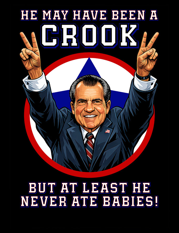 Counterculture Nixon shirt with satirical conspiracy slogan