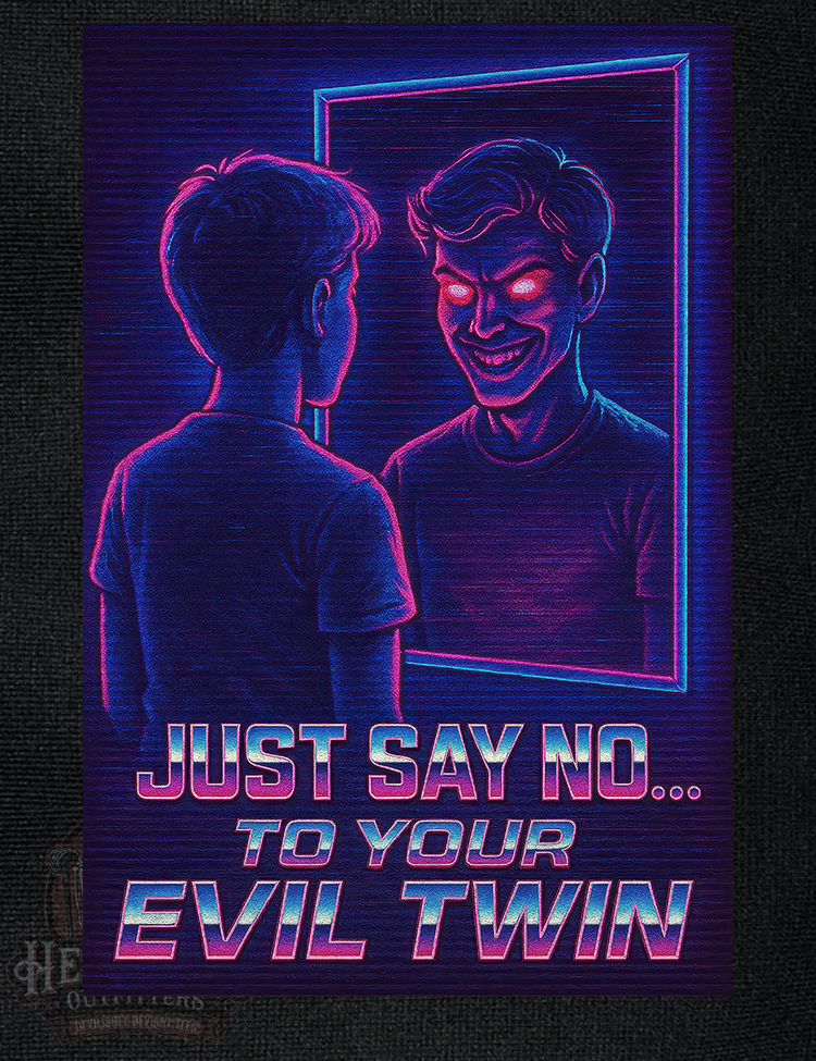 Retro 80s horror inspired t-shirt with glowing evil twin artwork