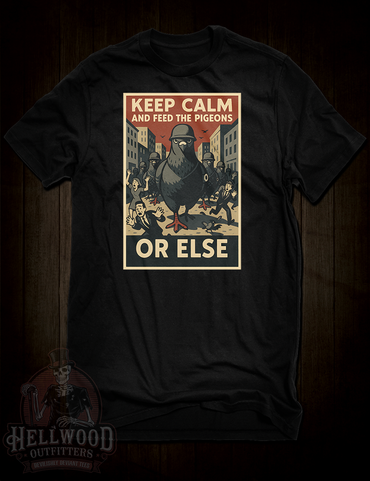 Feed The Pigeons retro propaganda parody t-shirt design