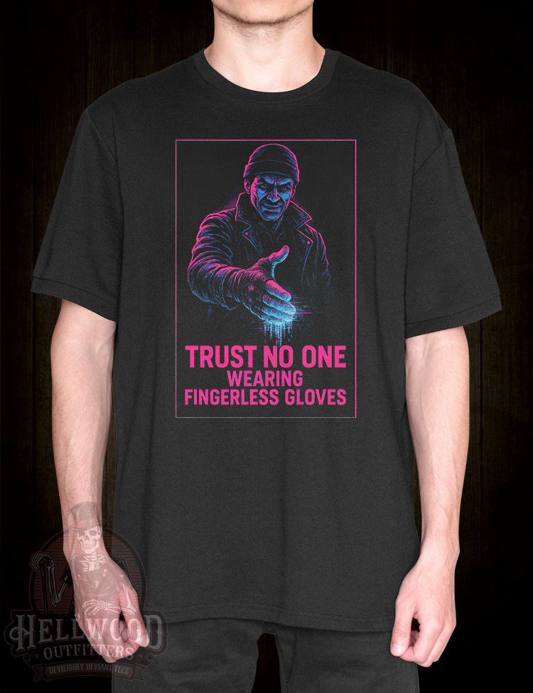 Cult satire noir character fingerless gloves warning tee