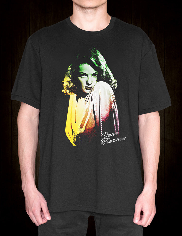 Classic film star T-shirt depicting Gene Tierney, celebrated star of Laura