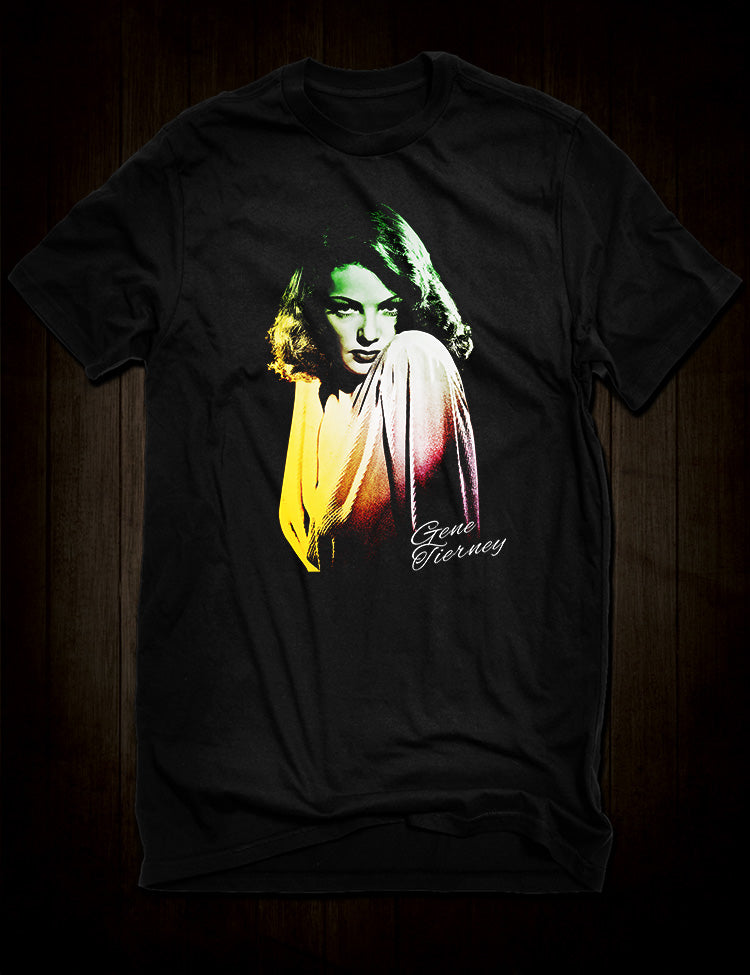 Gene Tierney T-Shirt featuring a dramatic portrait of the classic Hollywood actress
