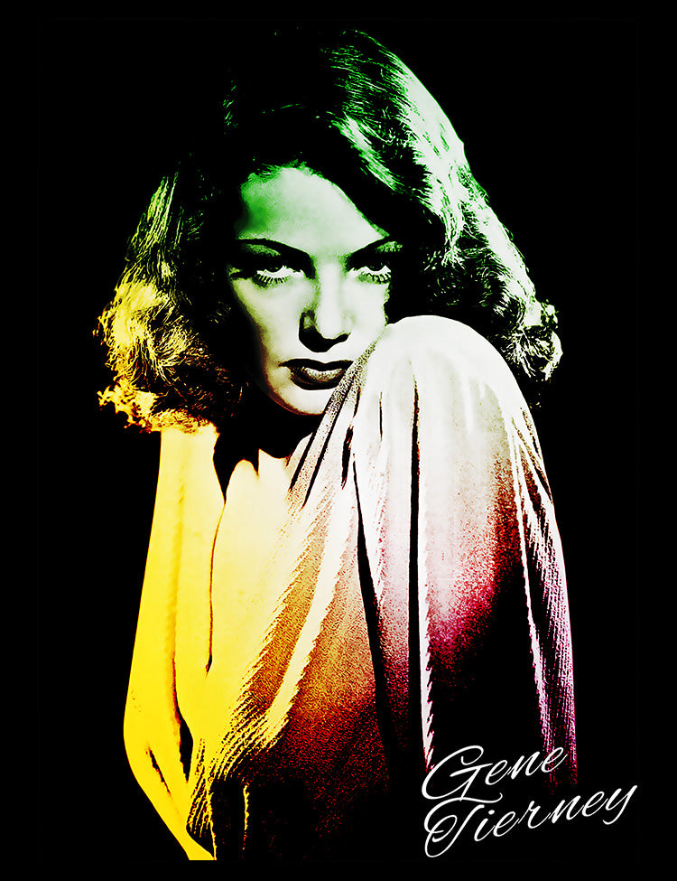 Vintage Hollywood-inspired Gene Tierney graphic tee with a striking multicolour portrait