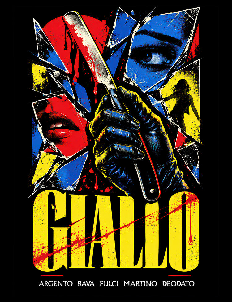 Cult cinema T-shirt referencing Argento Bava Fulci Martino and Deodato