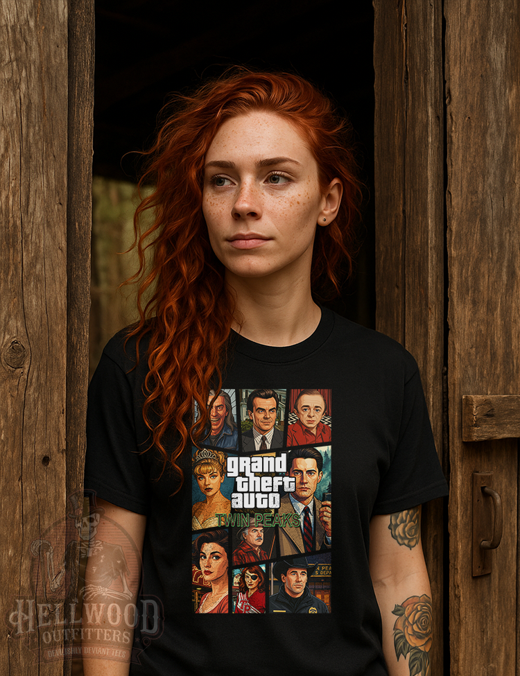 Twin Peaks characters in Grand Theft Auto graphic shirt
