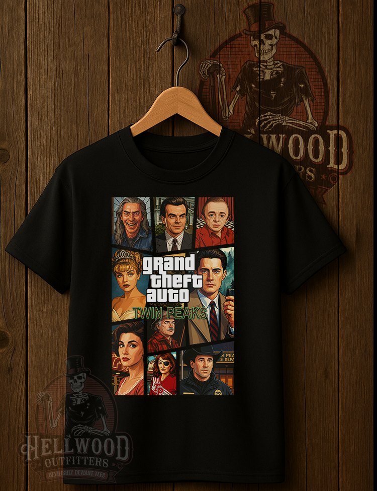 GTA cover art style Twin Peaks t-shirt design
