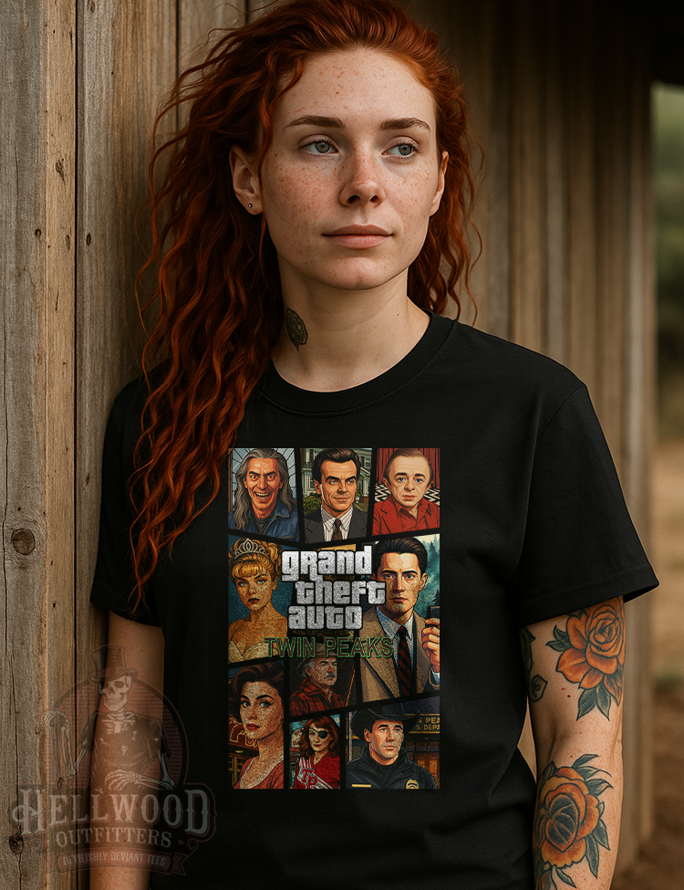 Retro mashup t-shirt inspired by Twin Peaks and GTA