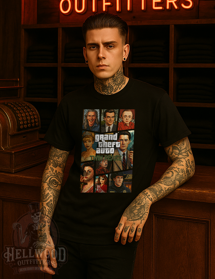 Surreal noir meets gaming tribute t-shirt