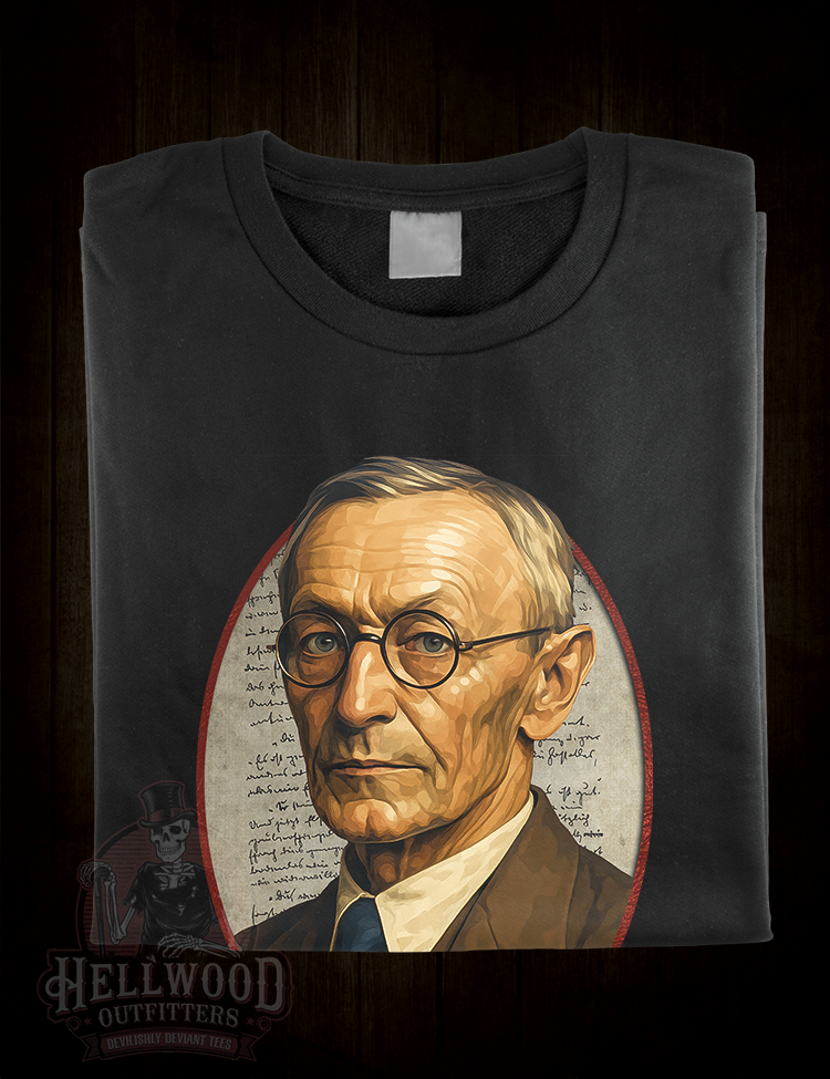 Vintage-style Hermann Hesse illustration on shirt