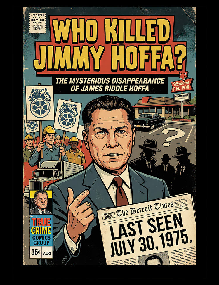 Who killed Jimmy Hoffa comic style artwork