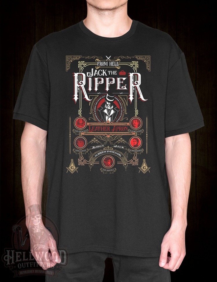Jack the Ripper Leather Apron tee
Victorian-style true crime t-shirt with Canonical Five portraits