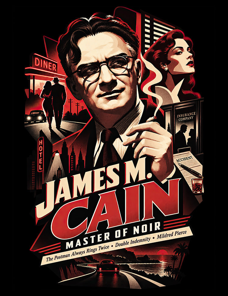 Vintage literary design celebrating James M. Cain and classic American crime fiction
