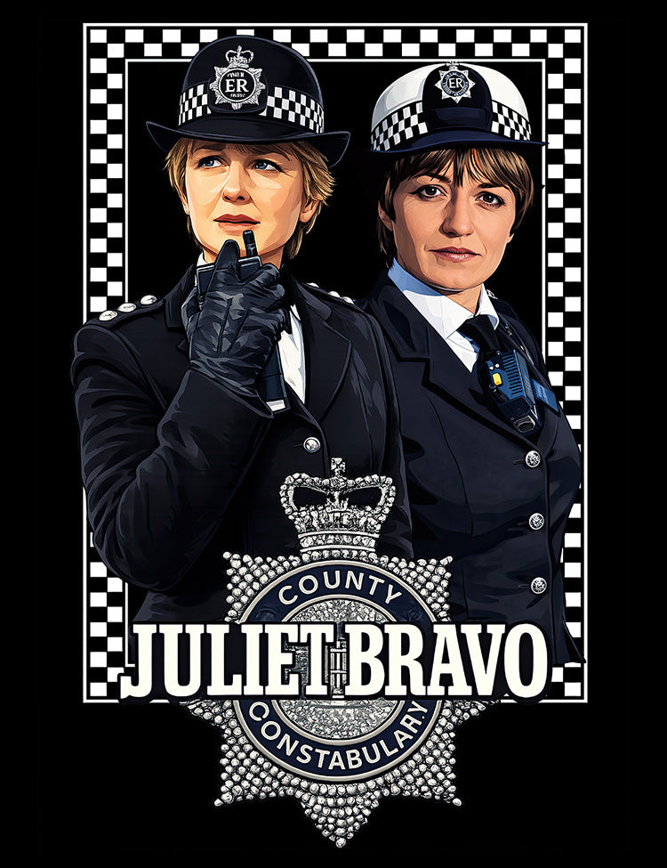 1980s British crime drama Juliet Bravo poster style t-shirt