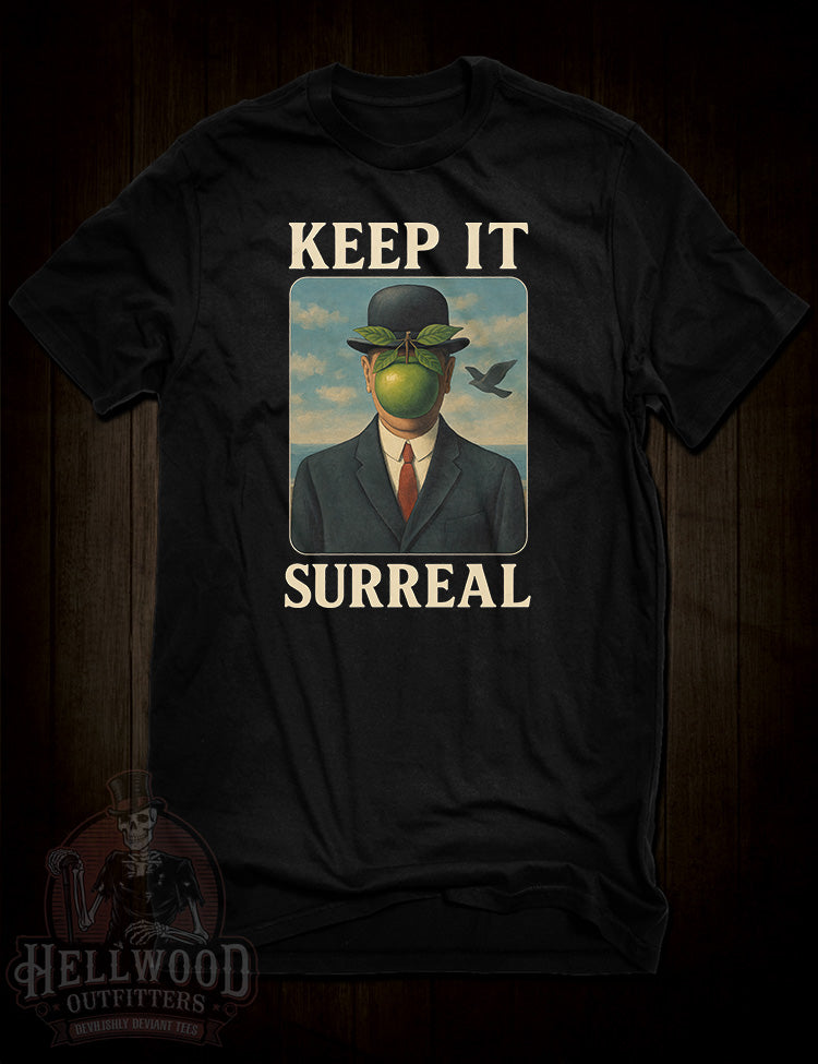Keep It Surreal t-shirt with abstract dreamlike design