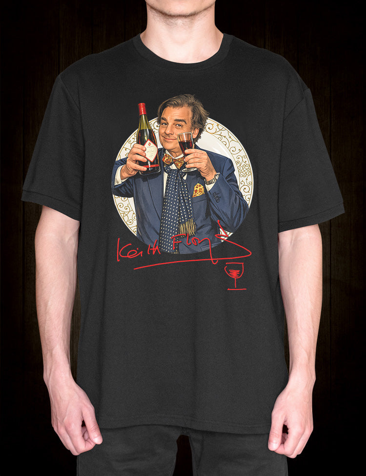Vintage television cooking icon Keith Floyd depicted with his trademark glass of red wine