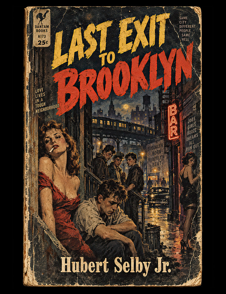 Vintage pulp-style Last Exit to Brooklyn design celebrating controversial American literature