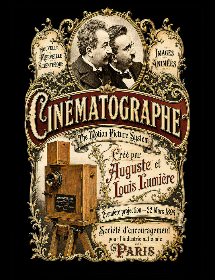 Vintage cinema history design celebrating pioneers Auguste and Louis Lumière