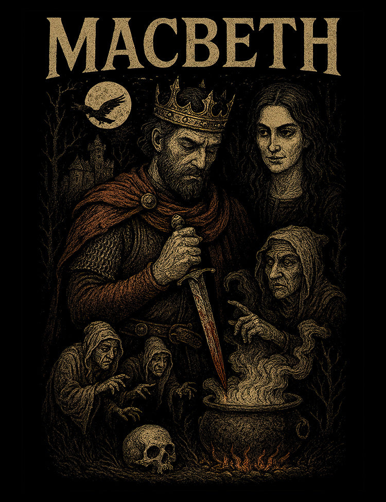 Shakespearean horror Macbeth retro style illustration