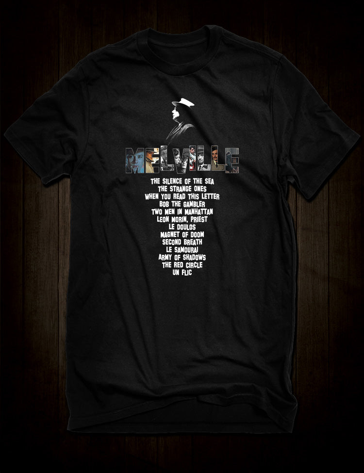Jean-Pierre Melville Filmography T-Shirt celebrating the French crime film director