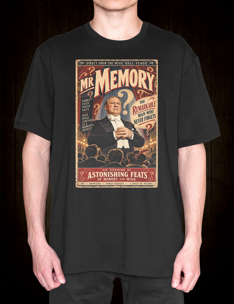 Kenneth More era The 39 Steps T-Shirt celebrating the Mr Memory character