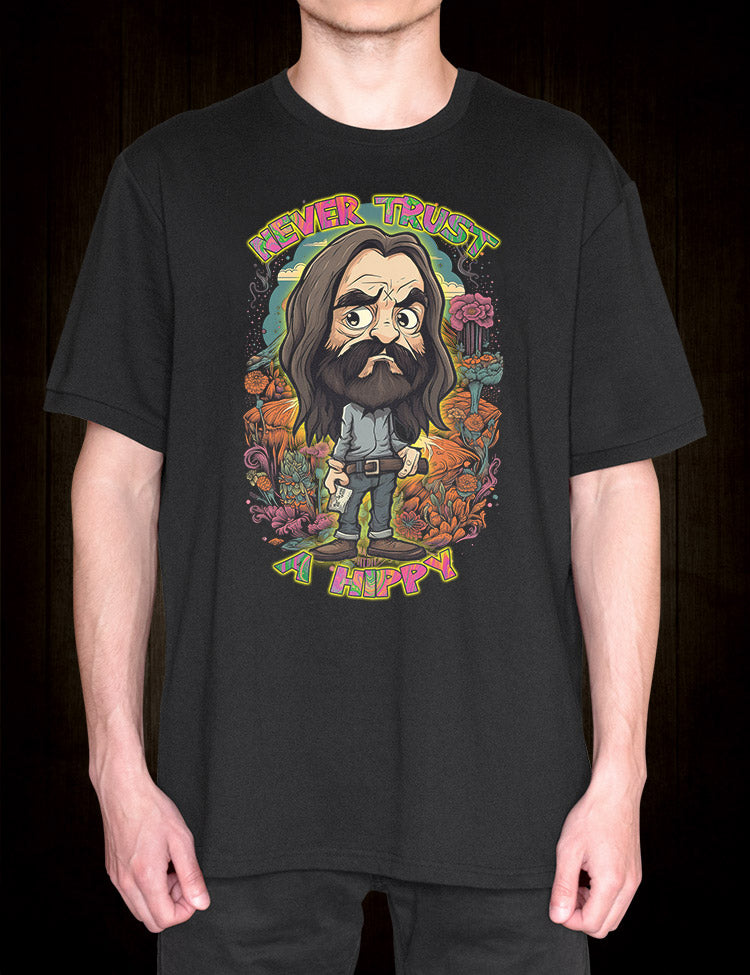 Bold statement: "Never Trust a Hippy" T-Shirt with Charles Manson Cartoon