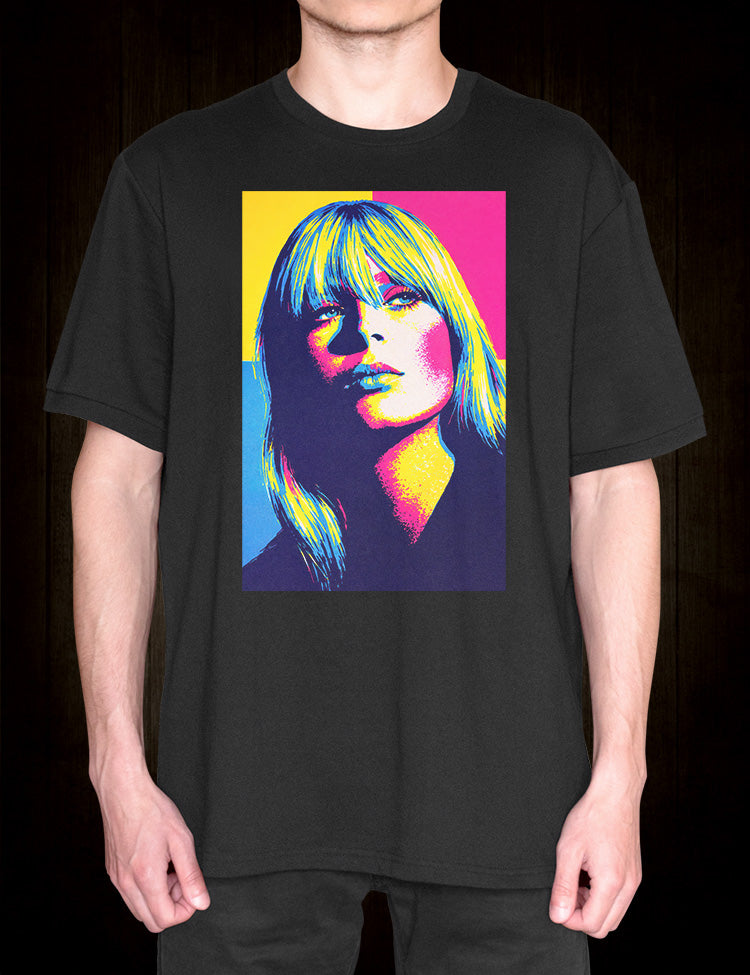 German singer Nico graphic tee with bold yellow blue and pink artwork