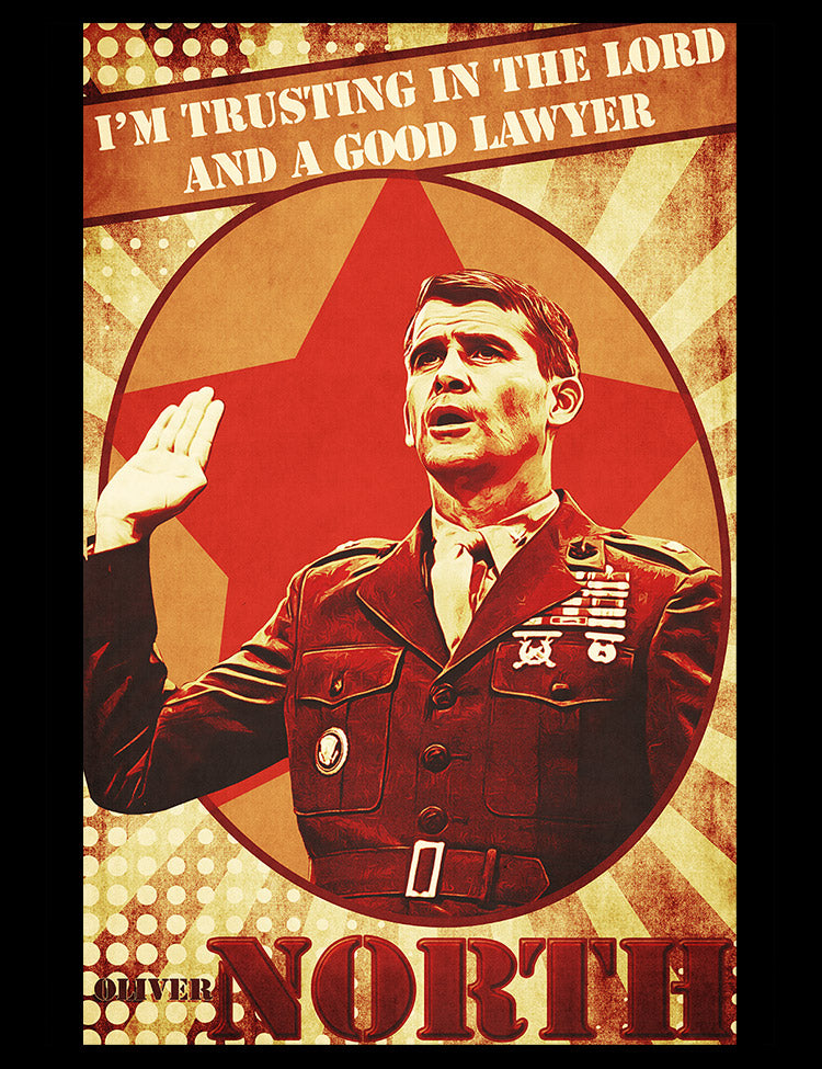 Oliver North T-Shirt design with a thought-provoking depiction of a patriotic icon.