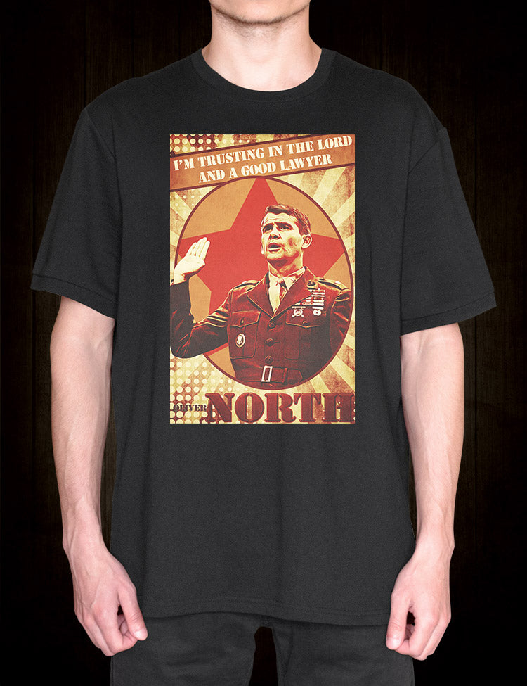 Dark and twisted Oliver North t-shirt design, perfect for enthusiasts