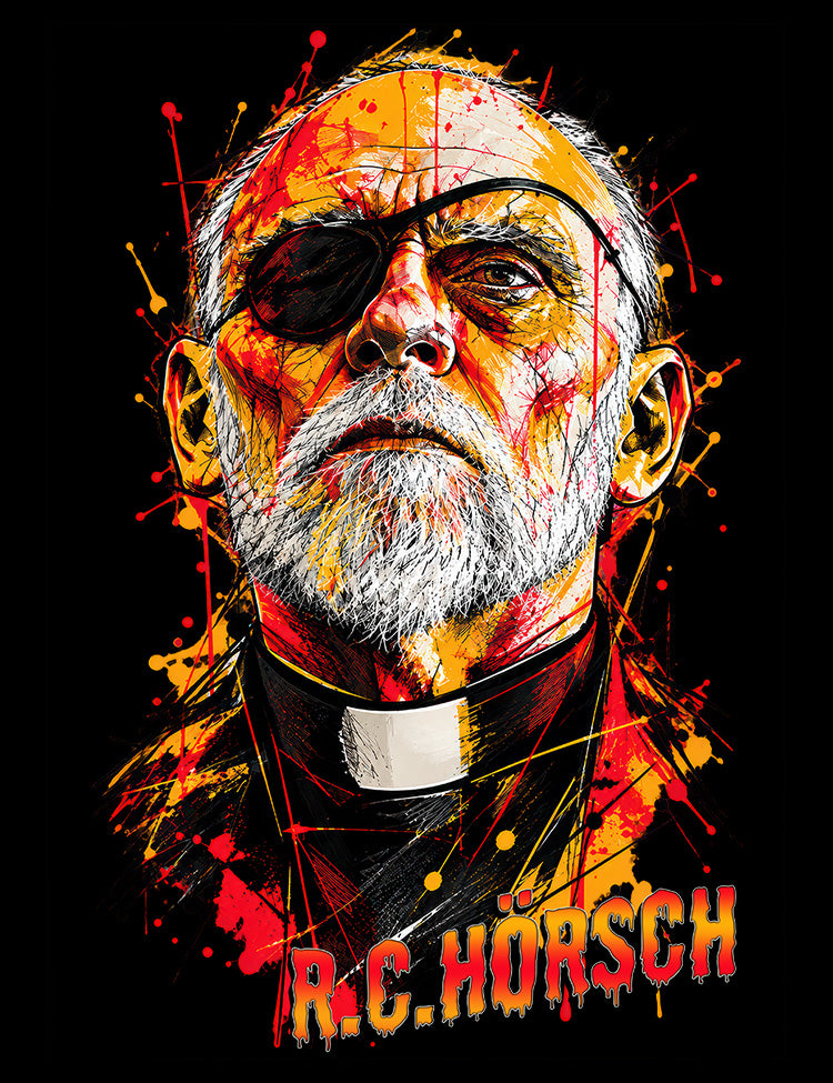 Underground filmmaker R.C. Horsch portrait T-shirt with distinctive eyepatch imagery