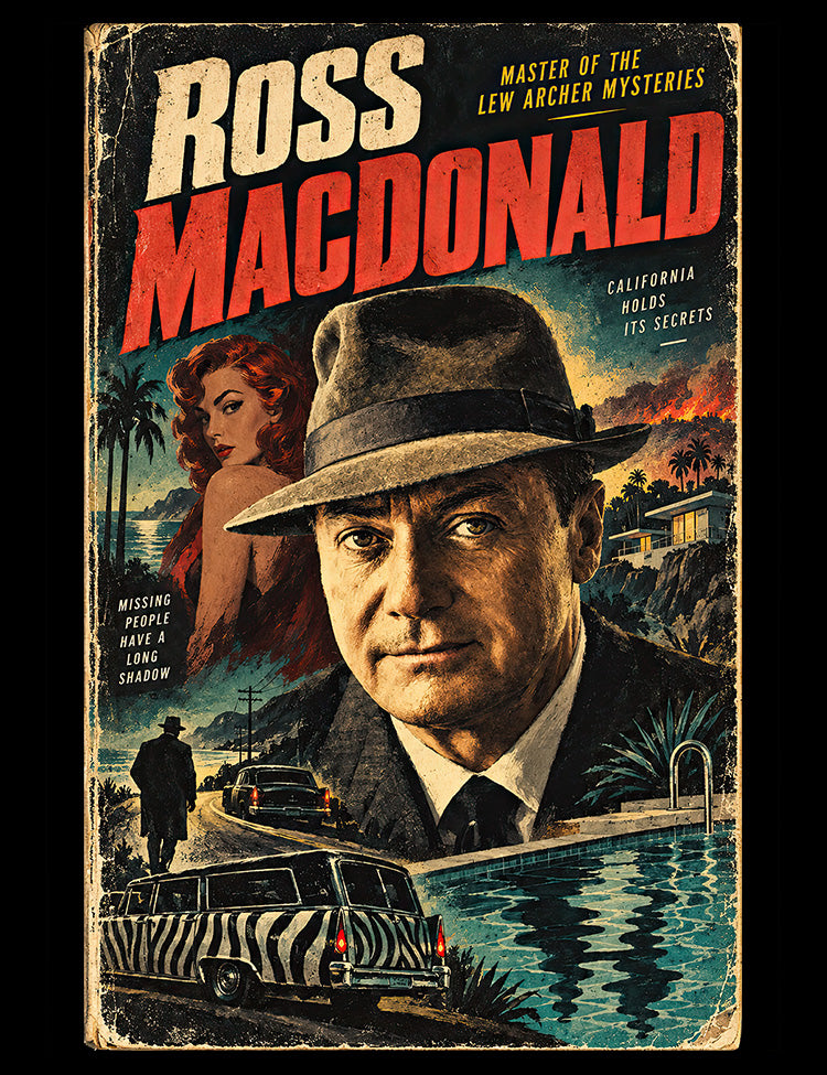 Vintage crime fiction graphic inspired by Ross Macdonald and California noir