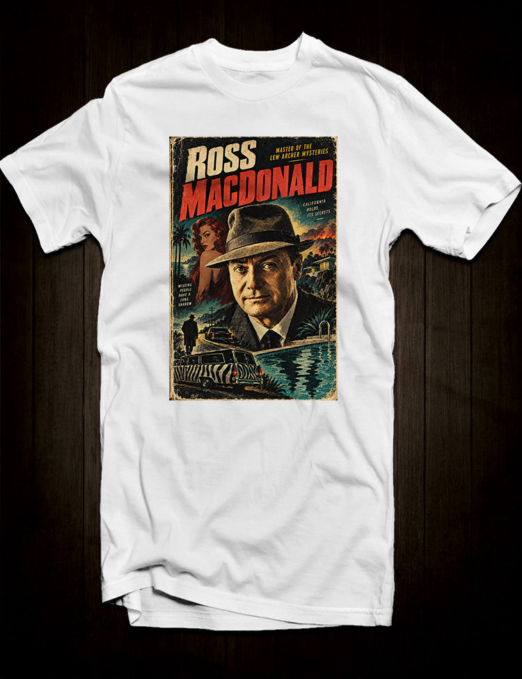 California noir Ross Macdonald shirt with vintage pulp detective imagery