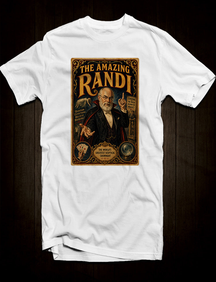 The Amazing Randi graphic tee for fans of magic, scepticism and strange history