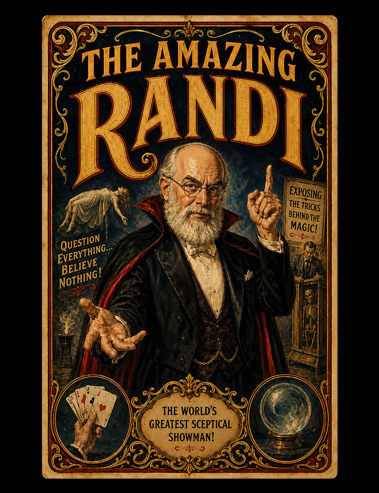 Vintage magician poster design celebrating The Amazing Randi