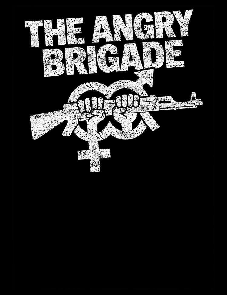 Vintage Angry Brigade graphic featuring the famous anarchist symbol