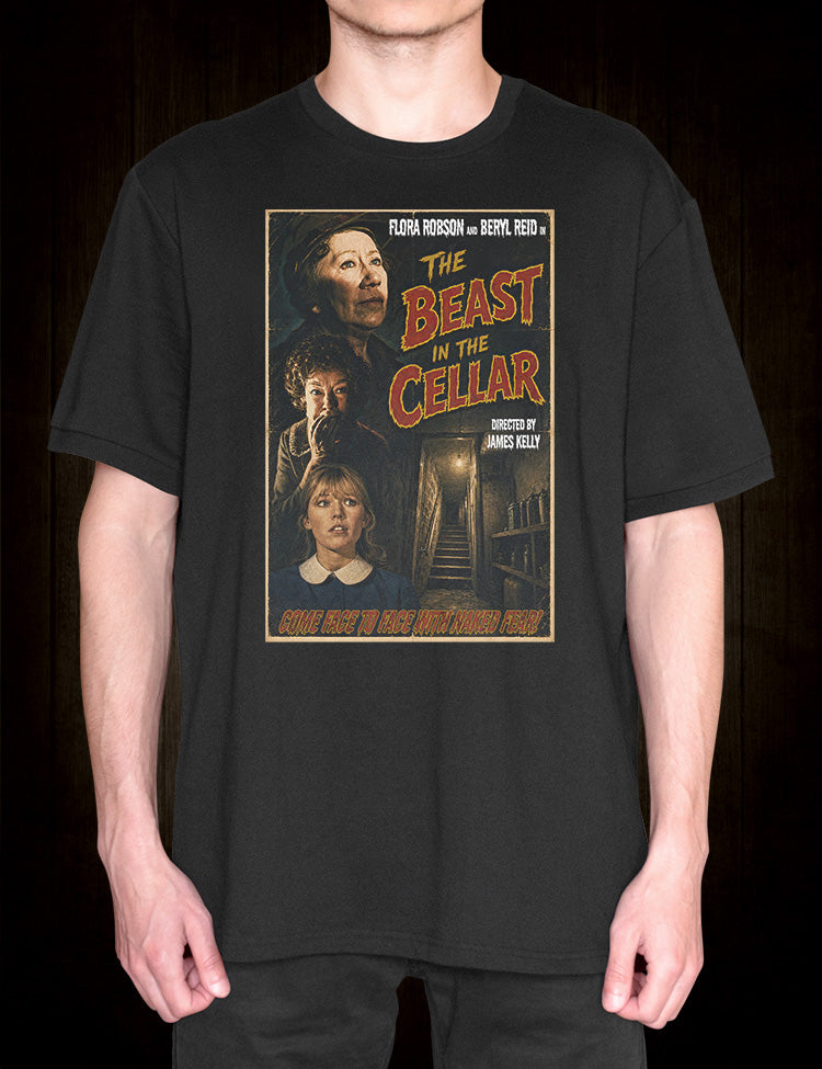 vintage British horror film poster inspired design
cult horror movie The Beast in the Cellar artwork
