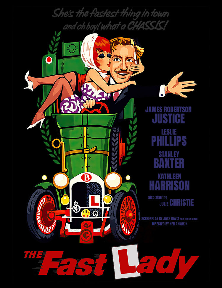 Vintage British comedy film T-shirt featuring The Fast Lady movie artwork