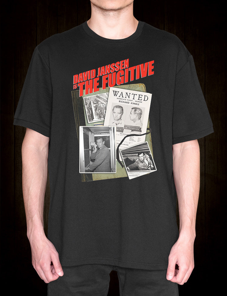 Sixties TV drama tee celebrating David Janssen's iconic performance as fugitive Richard Kimble