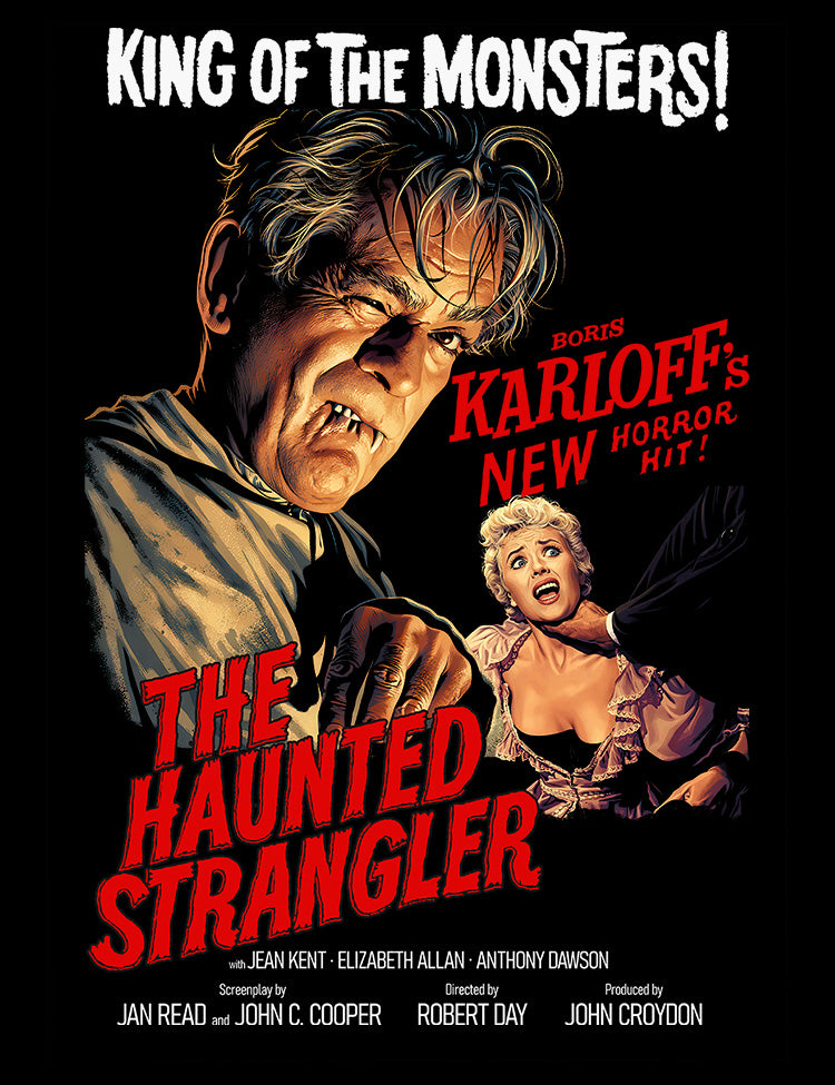 Cult horror film apparel celebrating Karloff's The Haunted Strangler