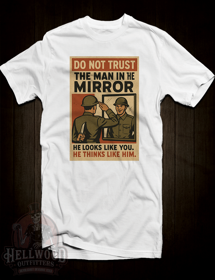 Cult retro poster style paranoia man in mirror t-shirt