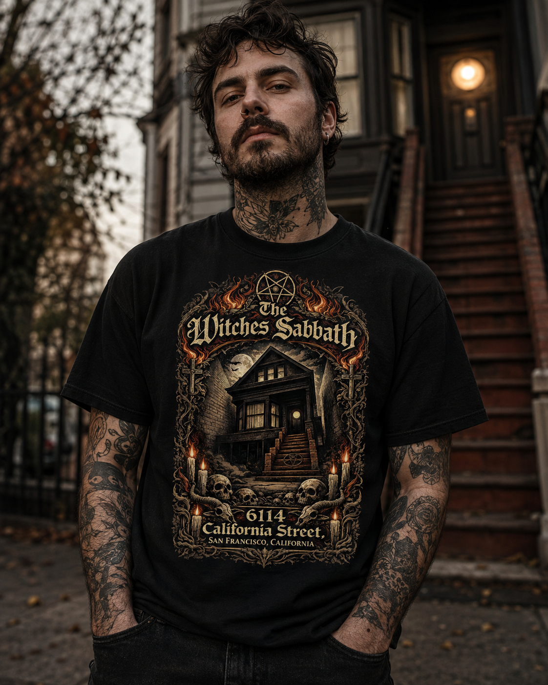 Black House occult graphic tee featuring 6114 California Street