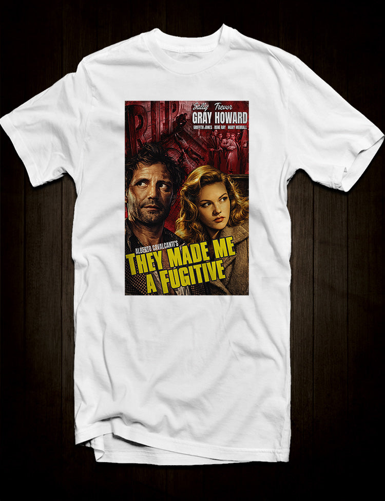 Classic 1947 fugitive thriller T-shirt featuring British noir imagery