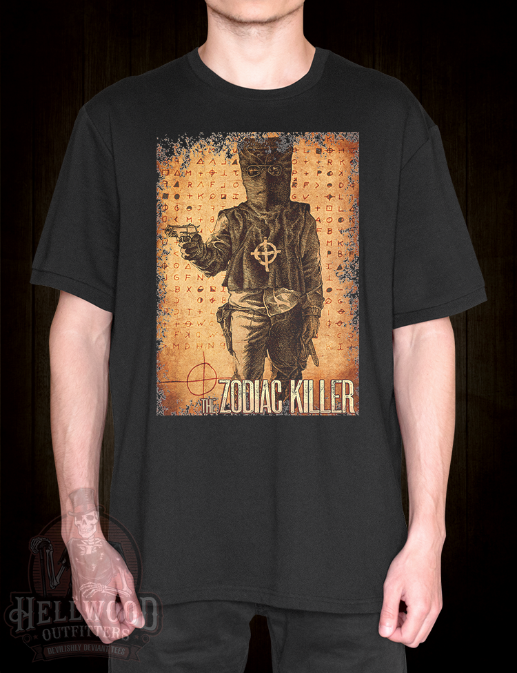 Unsolved serial murder case graphic shirt Zodiac Killer costume and gun design tee